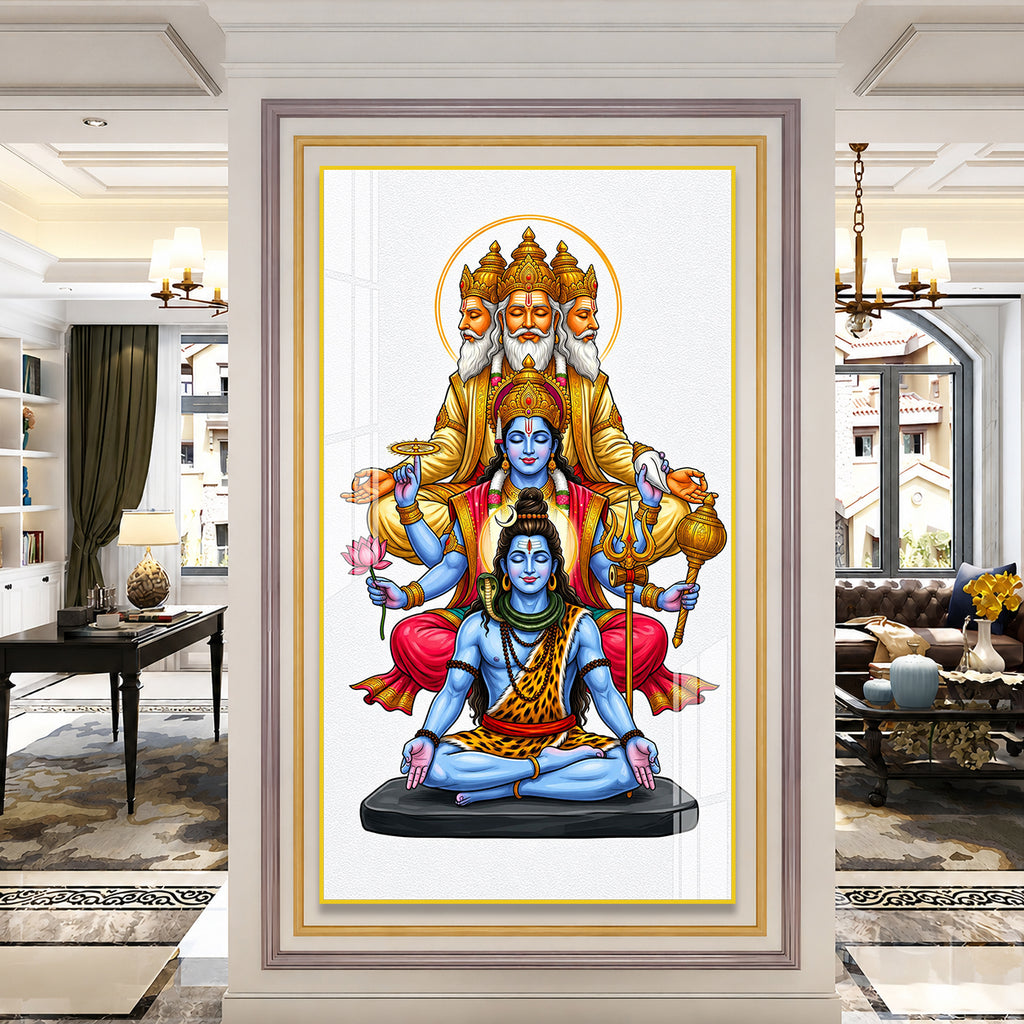 Sacred Hindu Trimurti Acrylic Wall Art Featuring Brahma Vishnu Shiva for Home and Mandir Decor