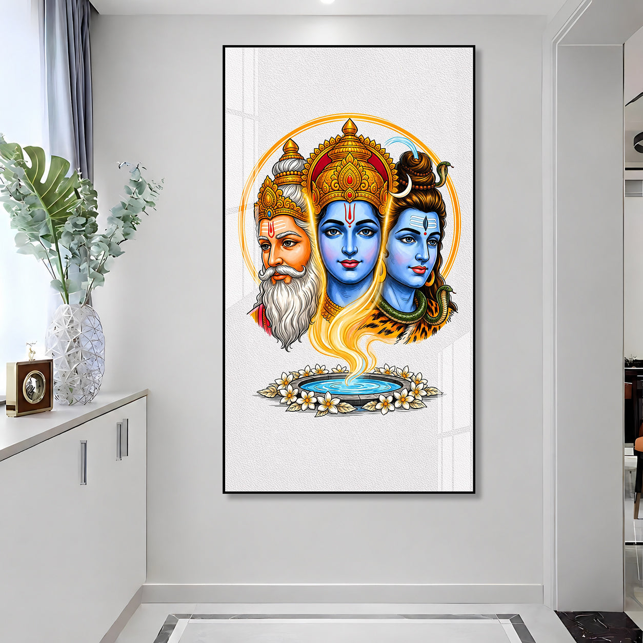 Elegant Tridev Brahma Vishnu Mahesh Acrylic Religious Wall Painting Home Decoration
