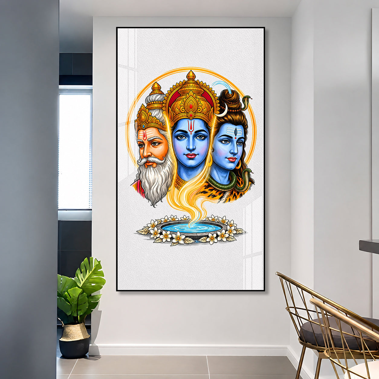 Elegant Tridev Brahma Vishnu Mahesh Acrylic Religious Wall Painting Home Decoration