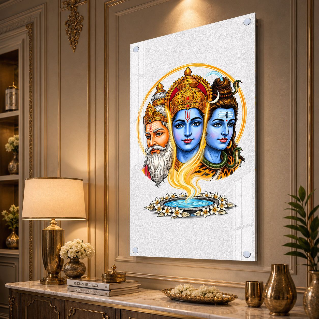 Elegant Tridev Brahma Vishnu Mahesh Acrylic Religious Wall Painting Home Decoration