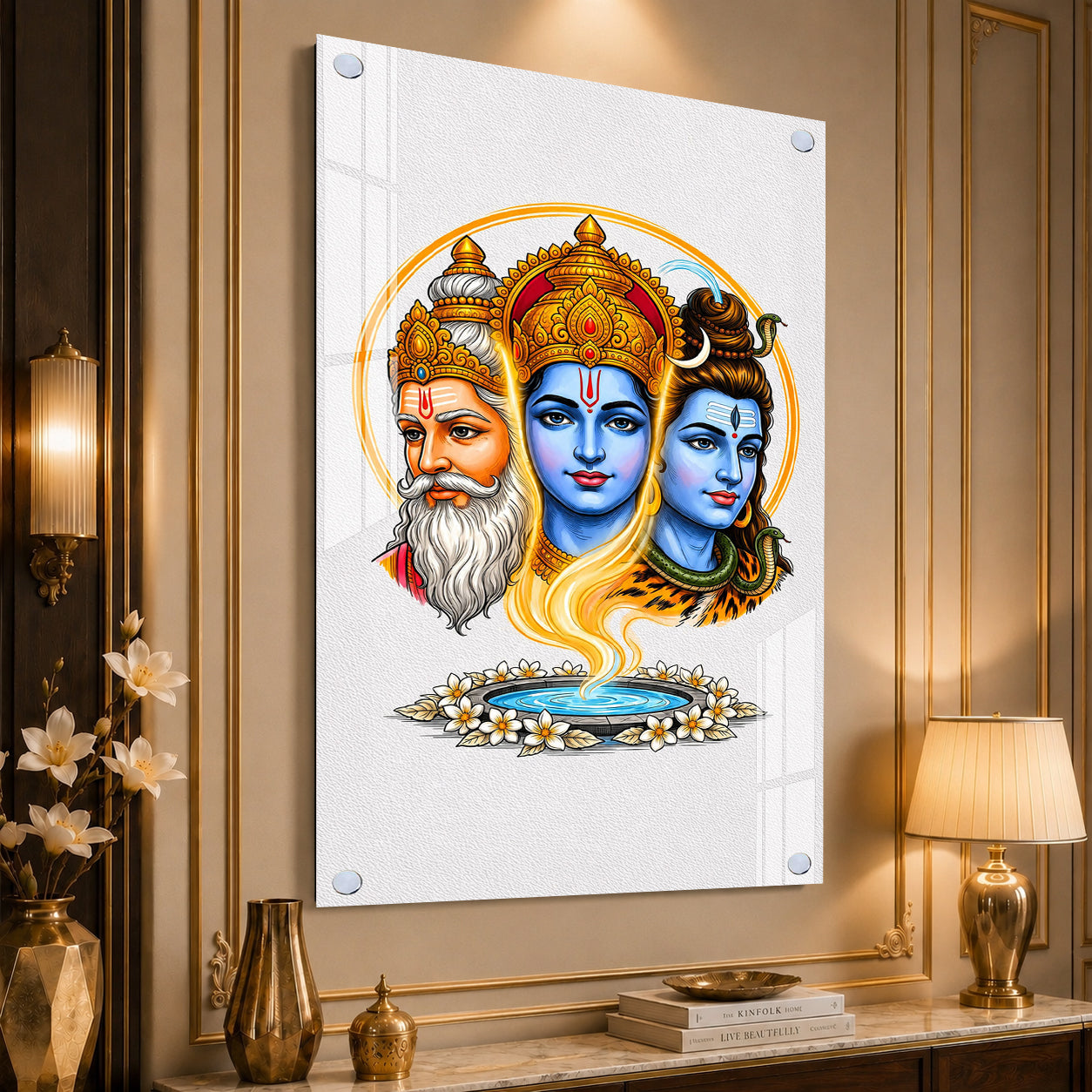 Elegant Tridev Brahma Vishnu Mahesh Acrylic Religious Wall Painting Home Decoration