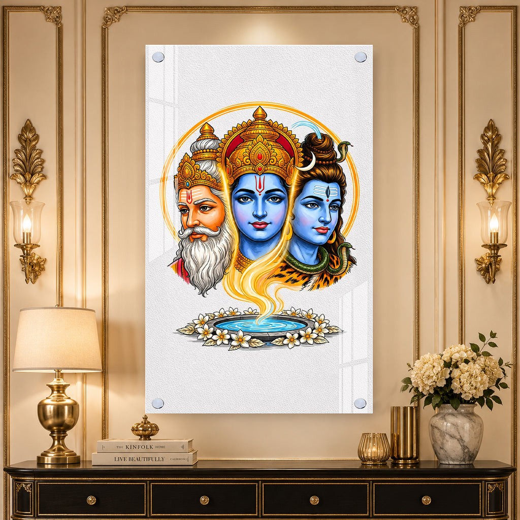Elegant Tridev Brahma Vishnu Mahesh Acrylic Religious Wall Painting Home Decoration