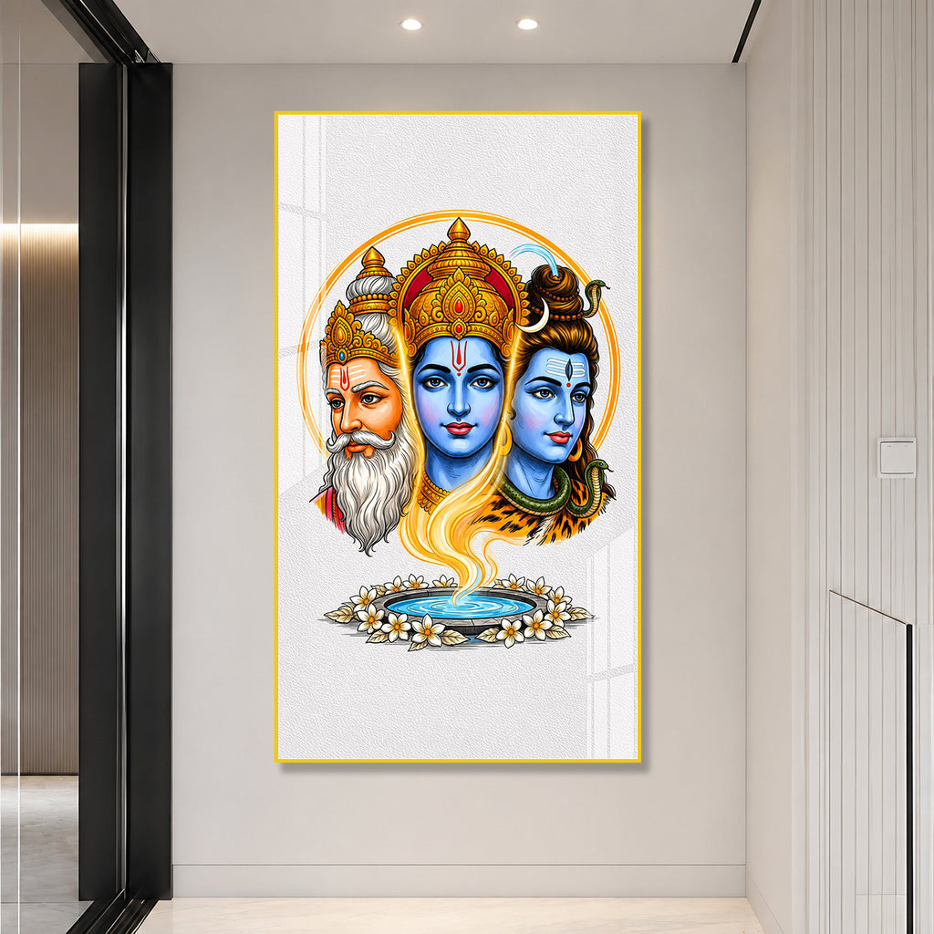 Elegant Tridev Brahma Vishnu Mahesh Acrylic Religious Wall Painting Home Decoration