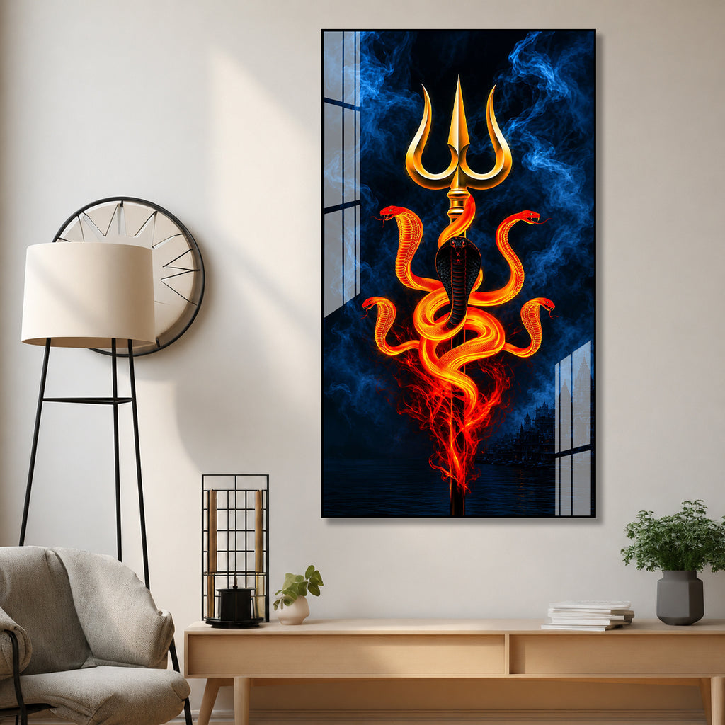 Premium Lord Shiva Trishul with Cobra Acrylic Painting for Religious Wall Decoration and Mandir
