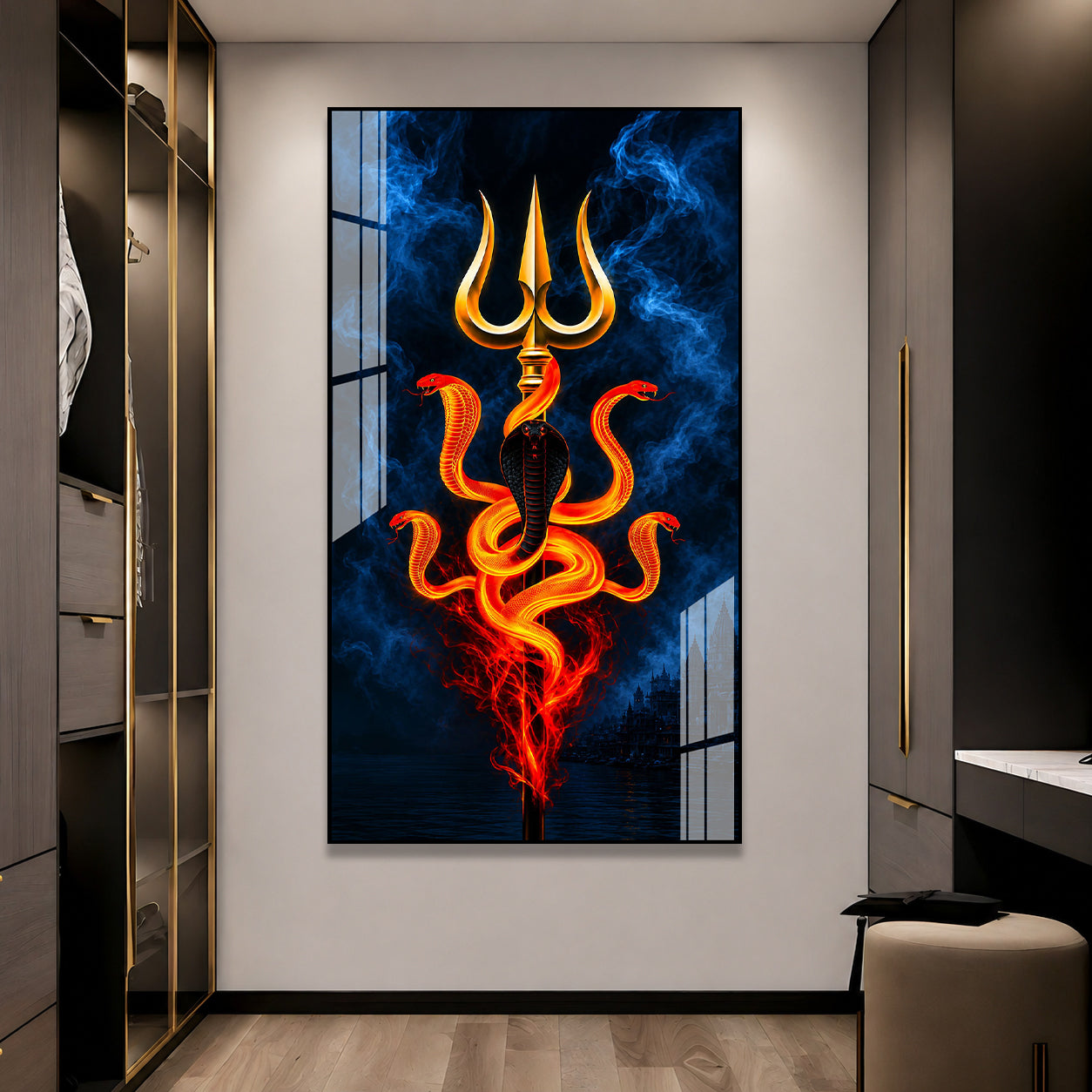 Premium Lord Shiva Trishul with Cobra Acrylic Painting for Religious Wall Decoration and Mandir