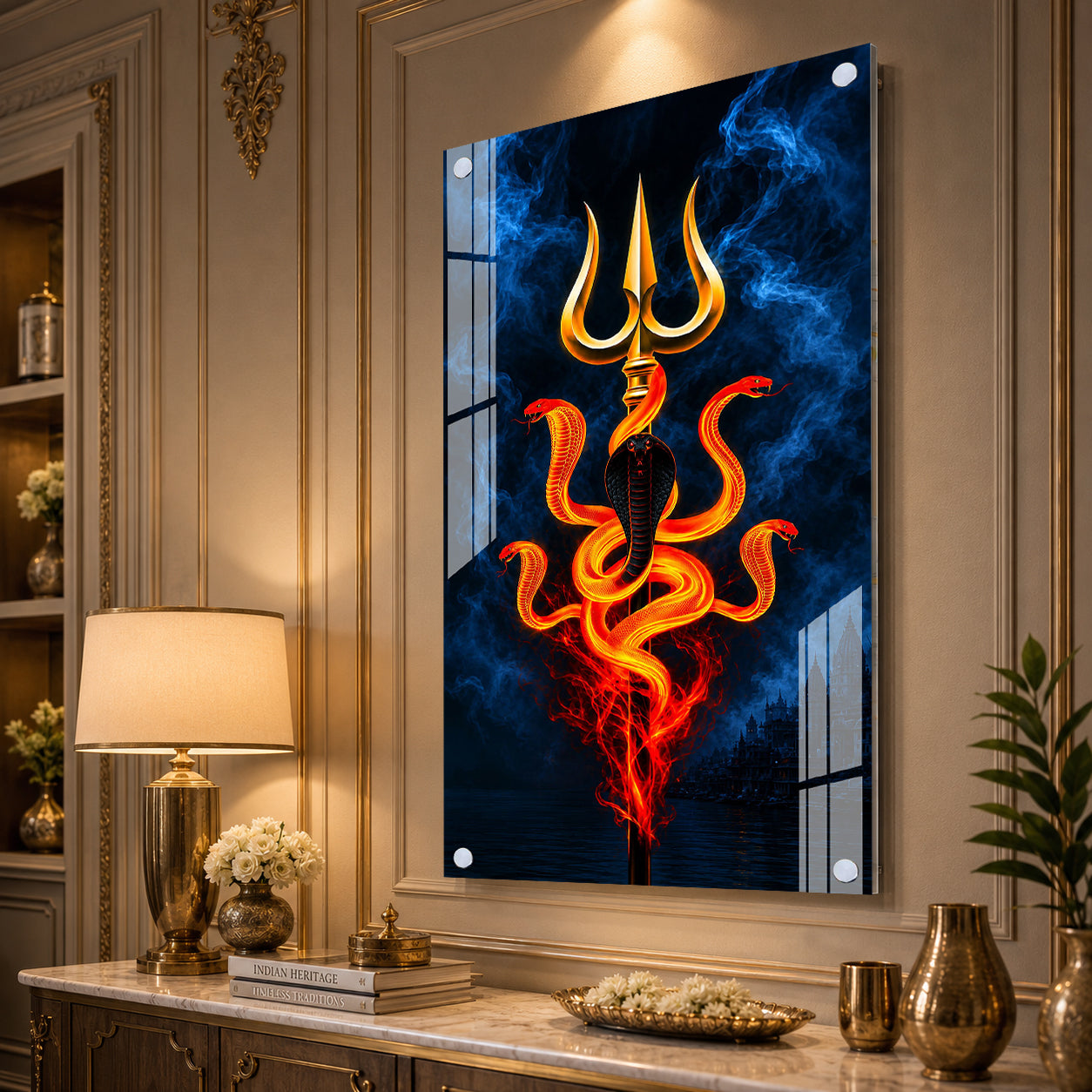 Premium Lord Shiva Trishul with Cobra Acrylic Painting for Religious Wall Decoration and Mandir