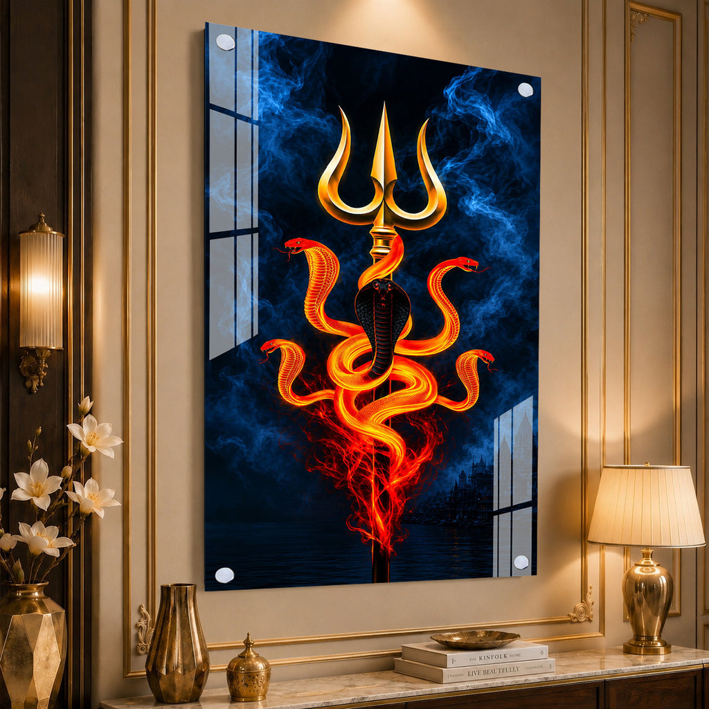 Premium Lord Shiva Trishul with Cobra Acrylic Painting for Religious Wall Decoration and Mandir