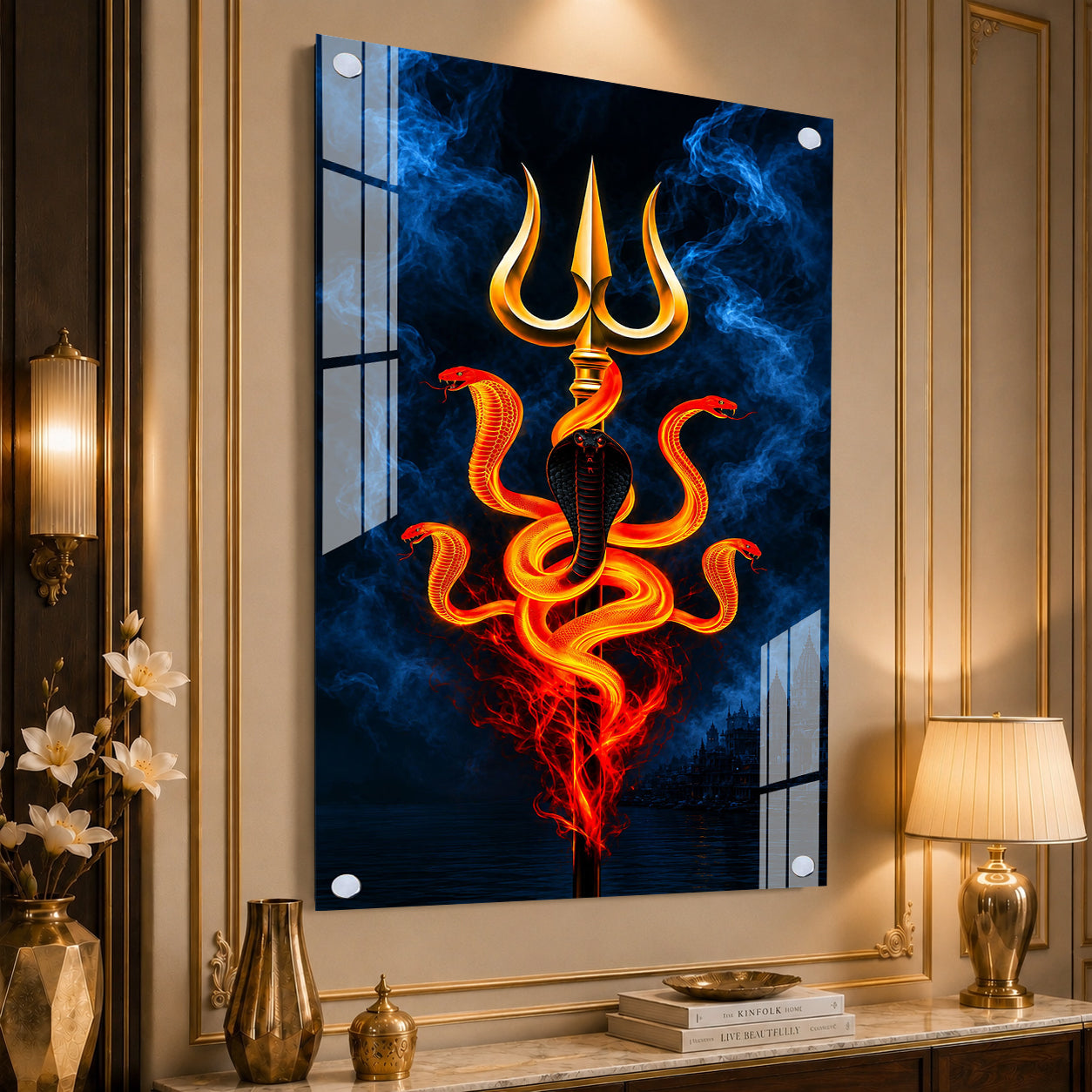 Premium Lord Shiva Trishul with Cobra Acrylic Painting for Religious Wall Decoration and Mandir