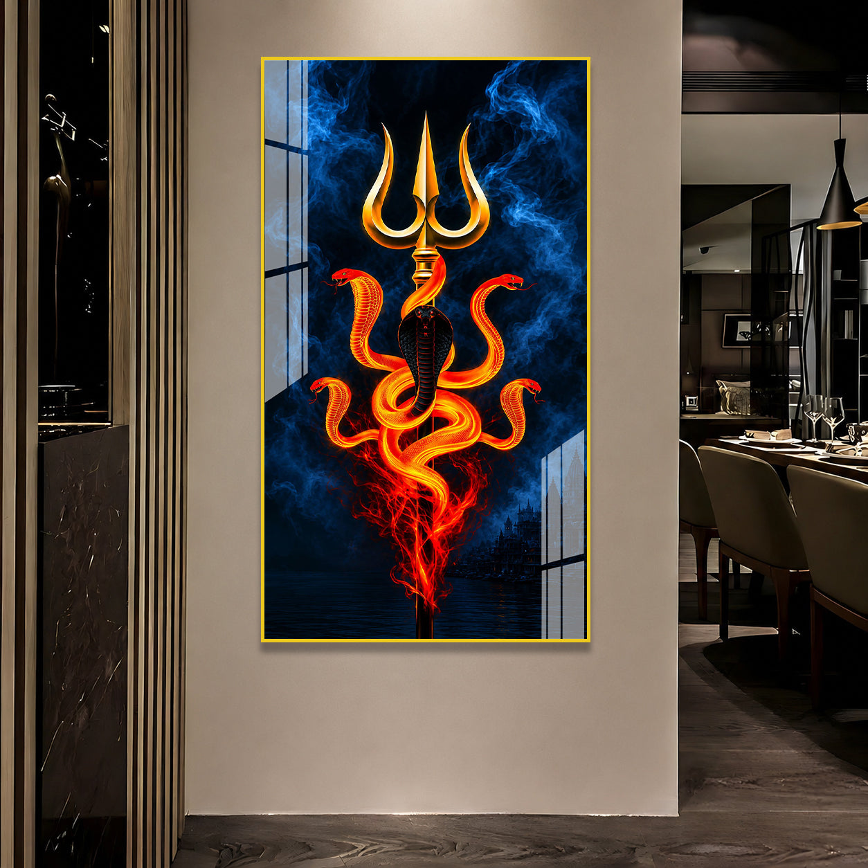 Premium Lord Shiva Trishul with Cobra Acrylic Painting for Religious Wall Decoration and Mandir
