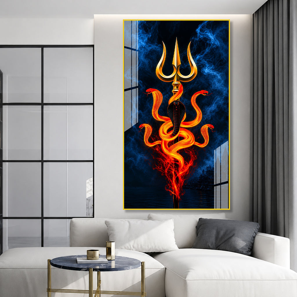 Premium Lord Shiva Trishul with Cobra Acrylic Painting for Religious Wall Decoration and Mandir