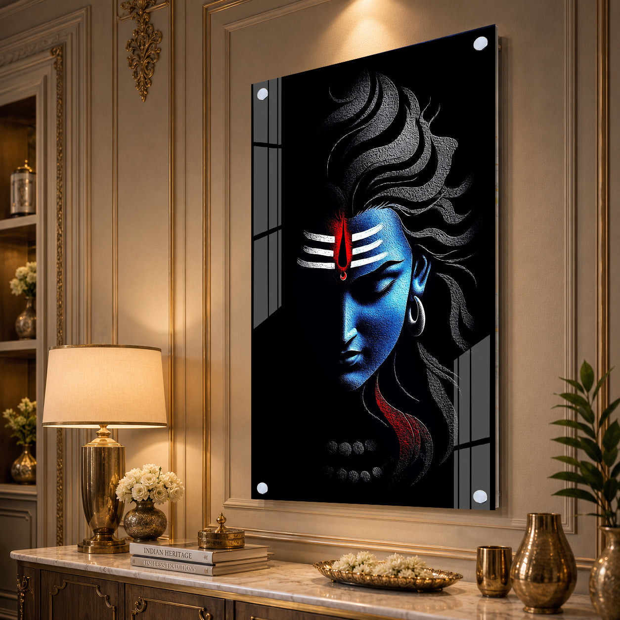 Premium Lord Shiva Artistic Portrait Acrylic Wall Decor with Sacred Tripundra and Tilak