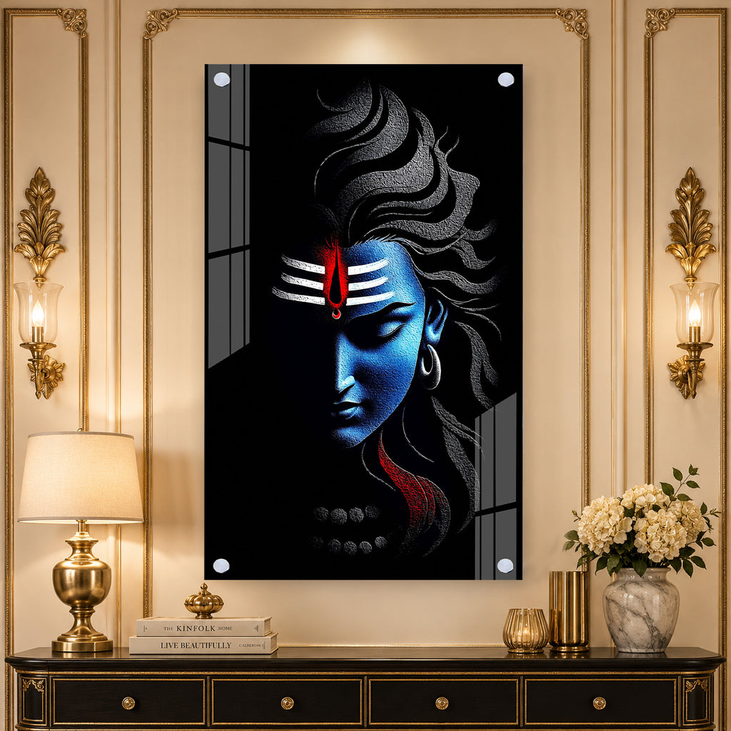 Premium Lord Shiva Artistic Portrait Acrylic Wall Decor with Sacred Tripundra and Tilak