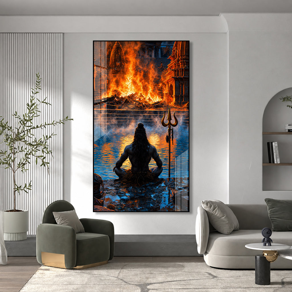 Divine Lord Shiva Meditation at Manikarnika Ghat Acrylic Wall Painting for Spiritual Home Decor