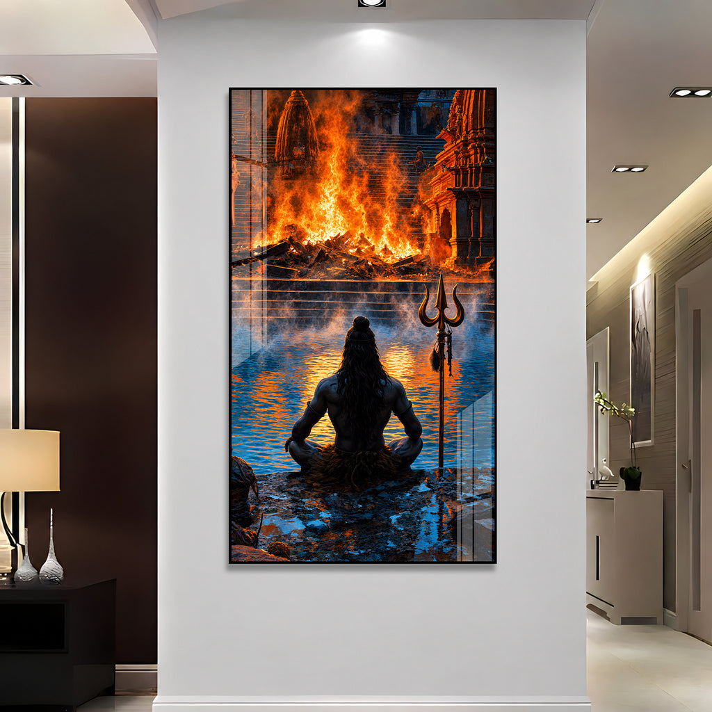 Divine Lord Shiva Meditation at Manikarnika Ghat Acrylic Wall Painting for Spiritual Home Decor