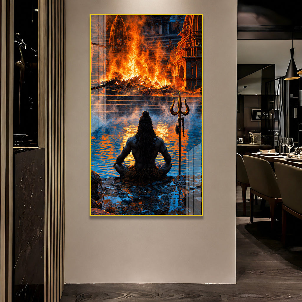 Divine Lord Shiva Meditation at Manikarnika Ghat Acrylic Wall Painting for Spiritual Home Decor