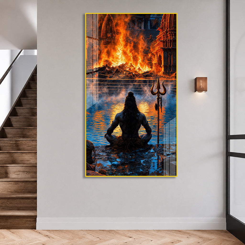 Divine Lord Shiva Meditation at Manikarnika Ghat Acrylic Wall Painting for Spiritual Home Decor
