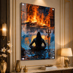 Divine Lord Shiva Meditation at Manikarnika Ghat Acrylic Wall Painting for Spiritual Home Decor
