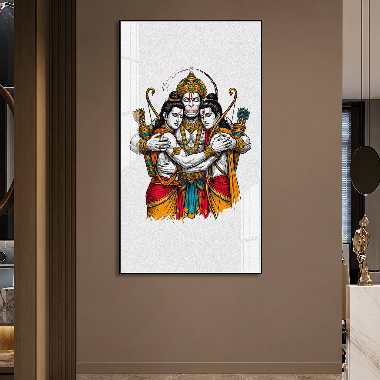 Luxury Lord Hanuman Embracing Shri Ram and Lakshmana Acrylic Painting for Spiritual Home Decor