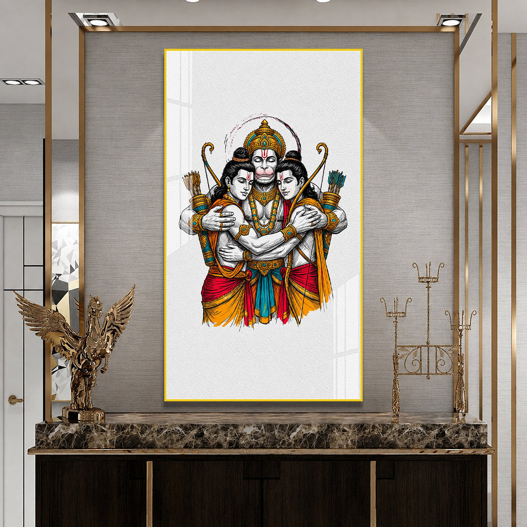 Luxury Lord Hanuman Embracing Shri Ram and Lakshmana Acrylic Painting for Spiritual Home Decor
