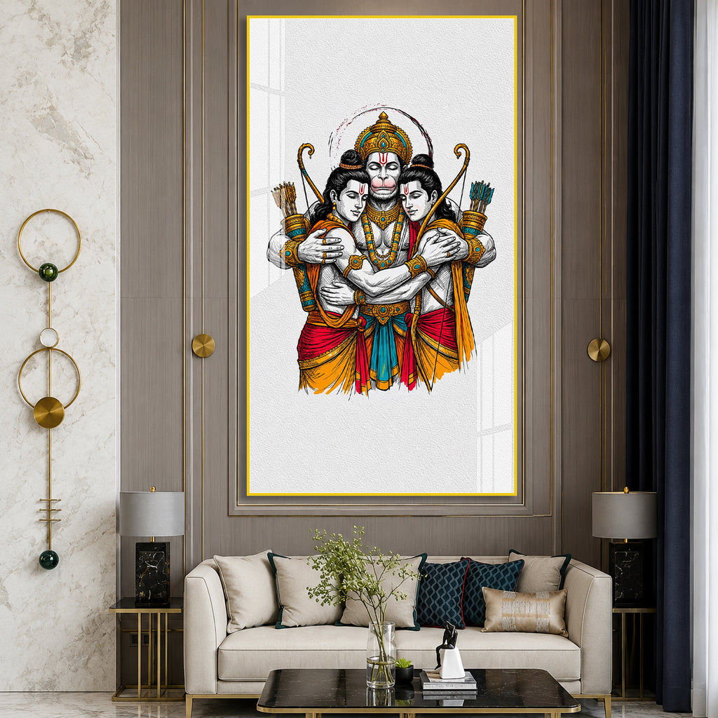 Luxury Lord Hanuman Embracing Shri Ram and Lakshmana Acrylic Painting for Spiritual Home Decor
