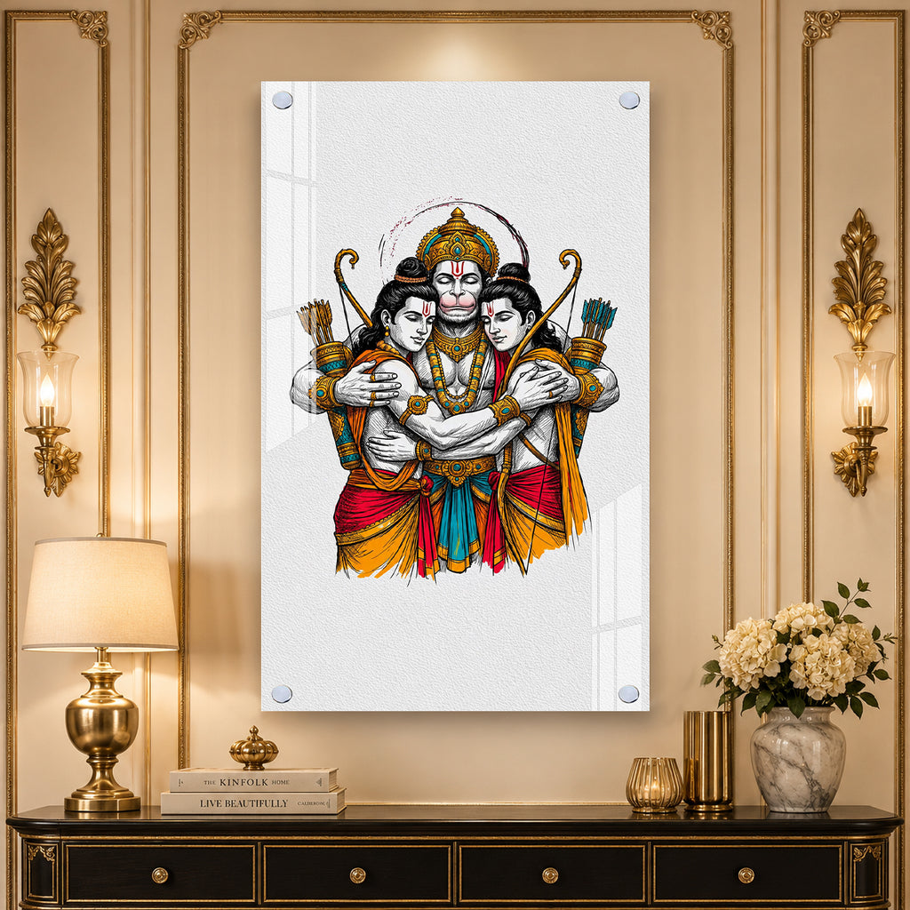 Luxury Lord Hanuman Embracing Shri Ram and Lakshmana Acrylic Painting for Spiritual Home Decor