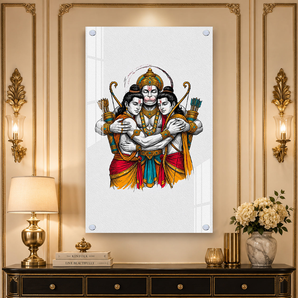 Luxury Lord Hanuman Embracing Shri Ram and Lakshmana Acrylic Painting for Spiritual Home Decor