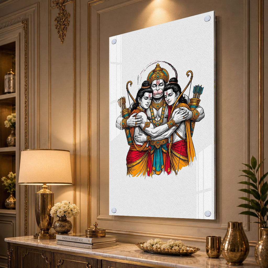 Luxury Lord Hanuman Embracing Shri Ram and Lakshmana Acrylic Painting for Spiritual Home Decor