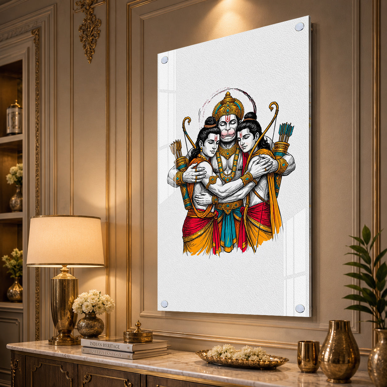 Luxury Lord Hanuman Embracing Shri Ram and Lakshmana Acrylic Painting for Spiritual Home Decor