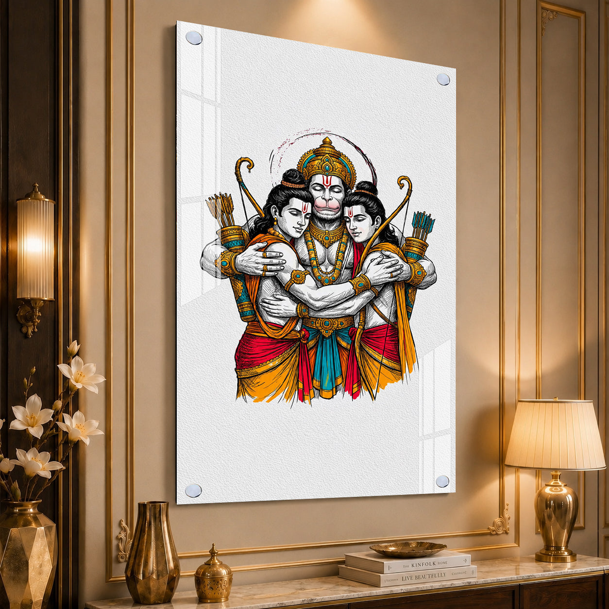 Luxury Lord Hanuman Embracing Shri Ram and Lakshmana Acrylic Painting for Spiritual Home Decor