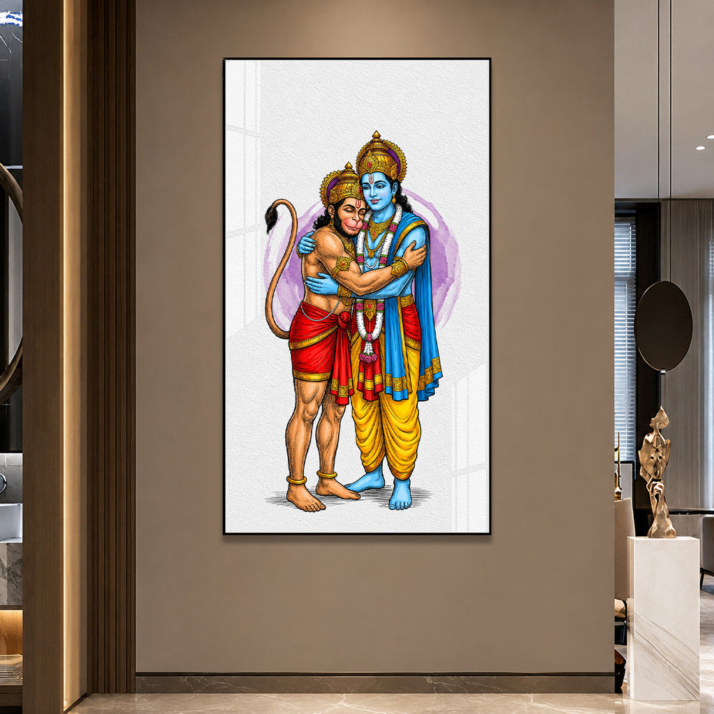 Divine Lord Rama Embracing Hanuman Acrylic Wall Painting for Home Temple and Spiritual Decor