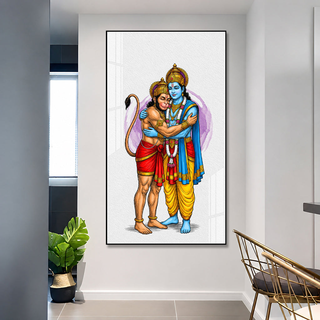 Divine Lord Rama Embracing Hanuman Acrylic Wall Painting for Home Temple and Spiritual Decor