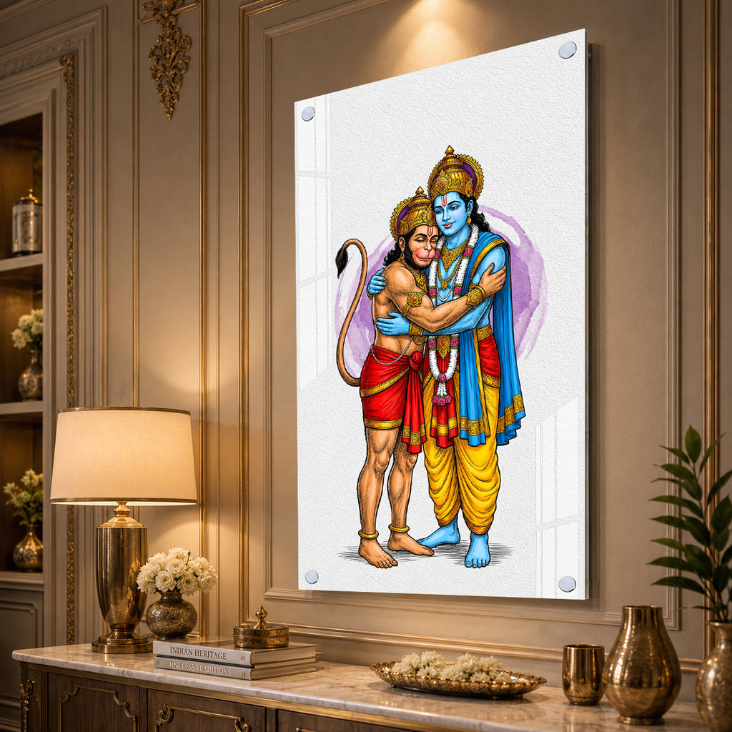 Divine Lord Rama Embracing Hanuman Acrylic Wall Painting for Home Temple and Spiritual Decor