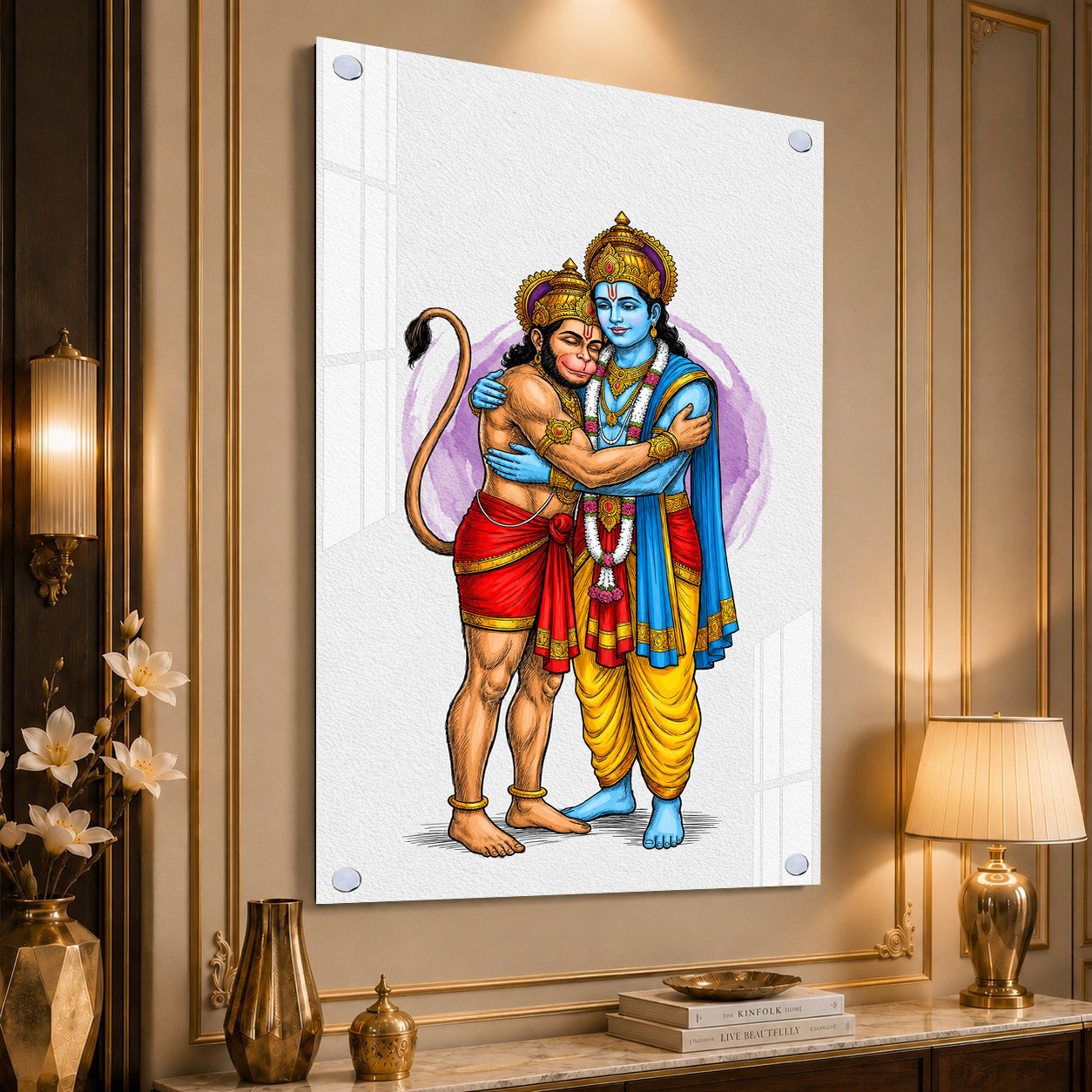 Divine Lord Rama Embracing Hanuman Acrylic Wall Painting for Home Temple and Spiritual Decor