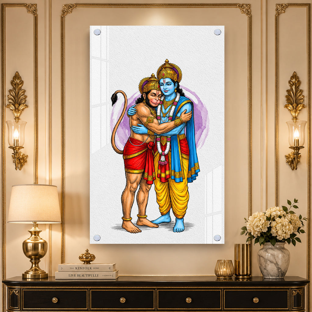 Divine Lord Rama Embracing Hanuman Acrylic Wall Painting for Home Temple and Spiritual Decor