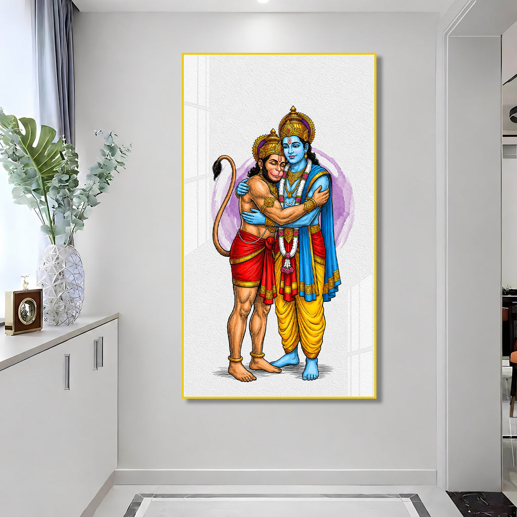 Divine Lord Rama Embracing Hanuman Acrylic Wall Painting for Home Temple and Spiritual Decor