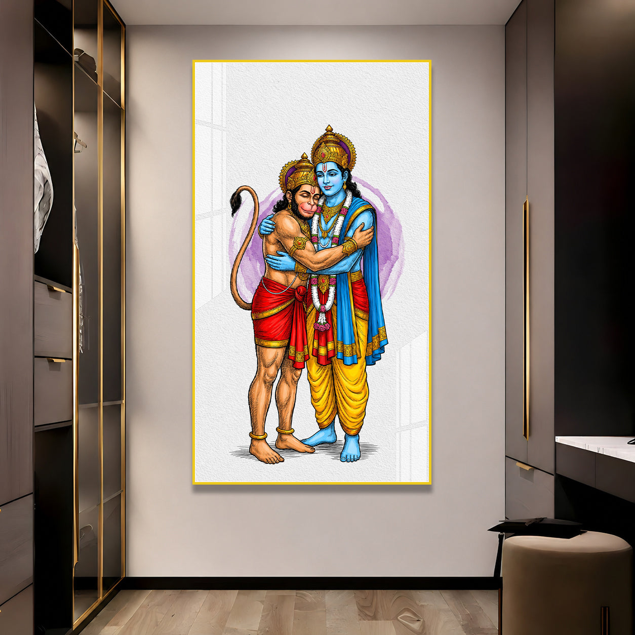 Divine Lord Rama Embracing Hanuman Acrylic Wall Painting for Home Temple and Spiritual Decor