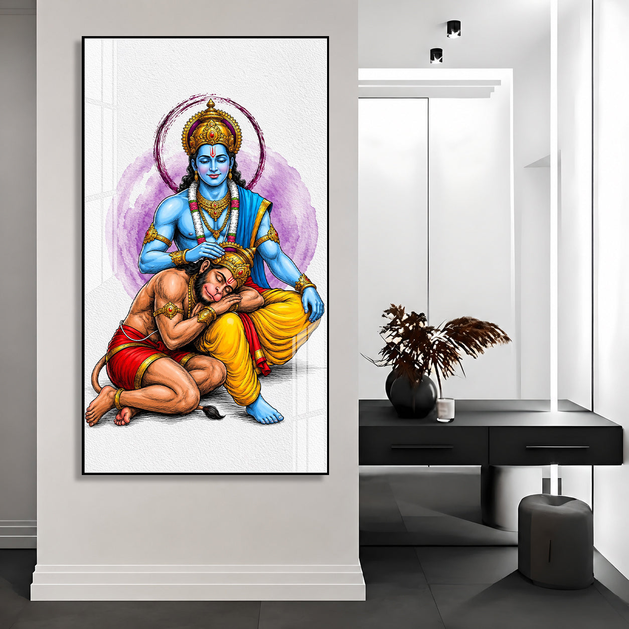 Divine Lord Rama Blessing Hanuman Acrylic Wall Painting for Home Temple and Spiritual Wall Decor
