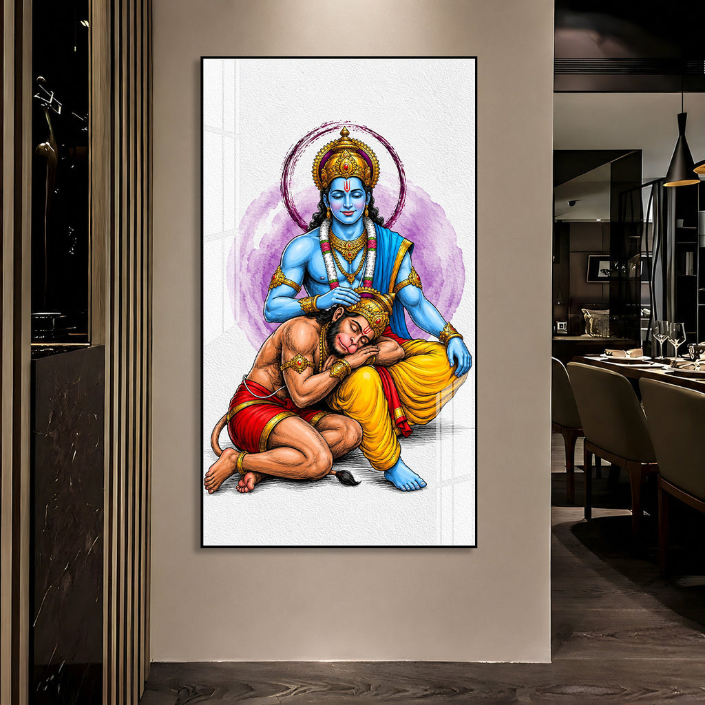 Divine Lord Rama Blessing Hanuman Acrylic Wall Painting for Home Temple and Spiritual Wall Decor