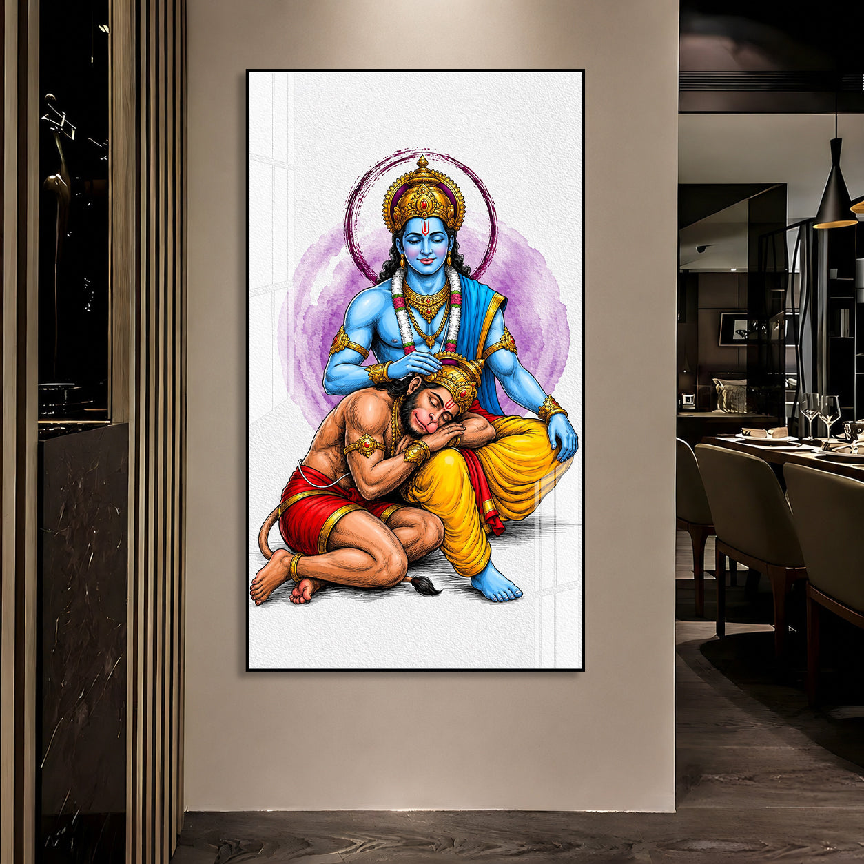 Divine Lord Rama Blessing Hanuman Acrylic Wall Painting for Home Temple and Spiritual Wall Decor