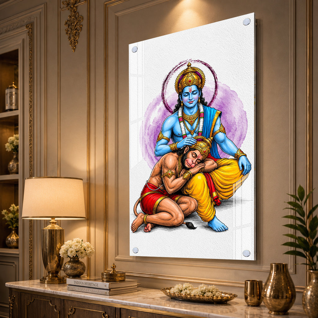 Divine Lord Rama Blessing Hanuman Acrylic Wall Painting for Home Temple and Spiritual Wall Decor