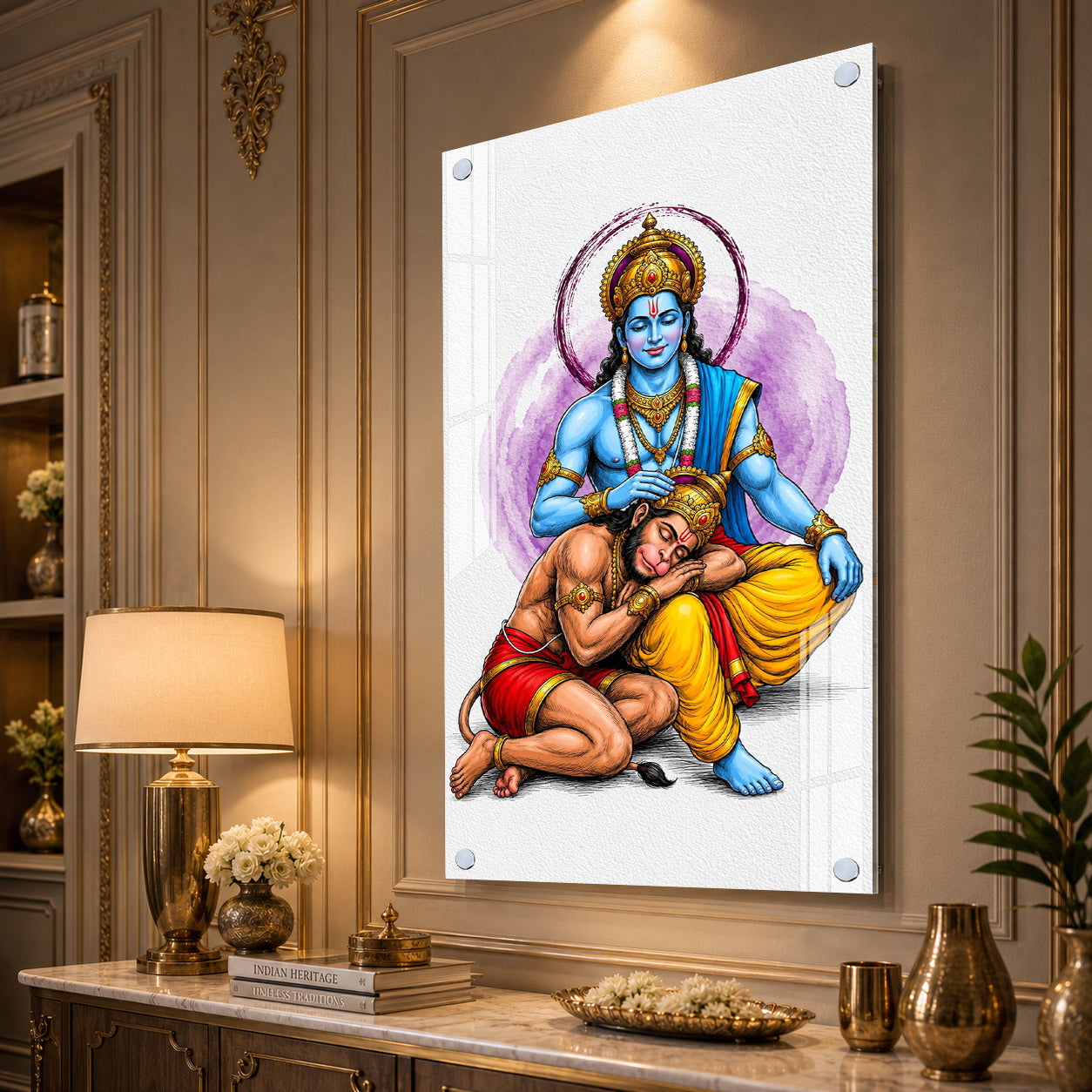 Divine Lord Rama Blessing Hanuman Acrylic Wall Painting for Home Temple and Spiritual Wall Decor