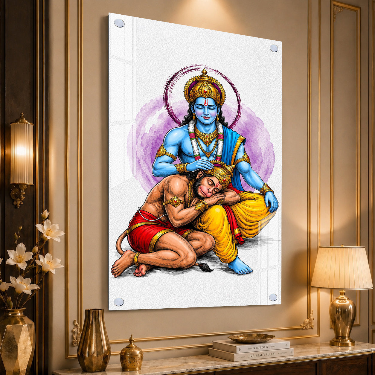 Divine Lord Rama Blessing Hanuman Acrylic Wall Painting for Home Temple and Spiritual Wall Decor