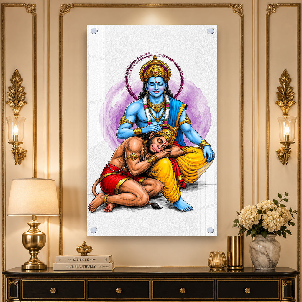 Divine Lord Rama Blessing Hanuman Acrylic Wall Painting for Home Temple and Spiritual Wall Decor
