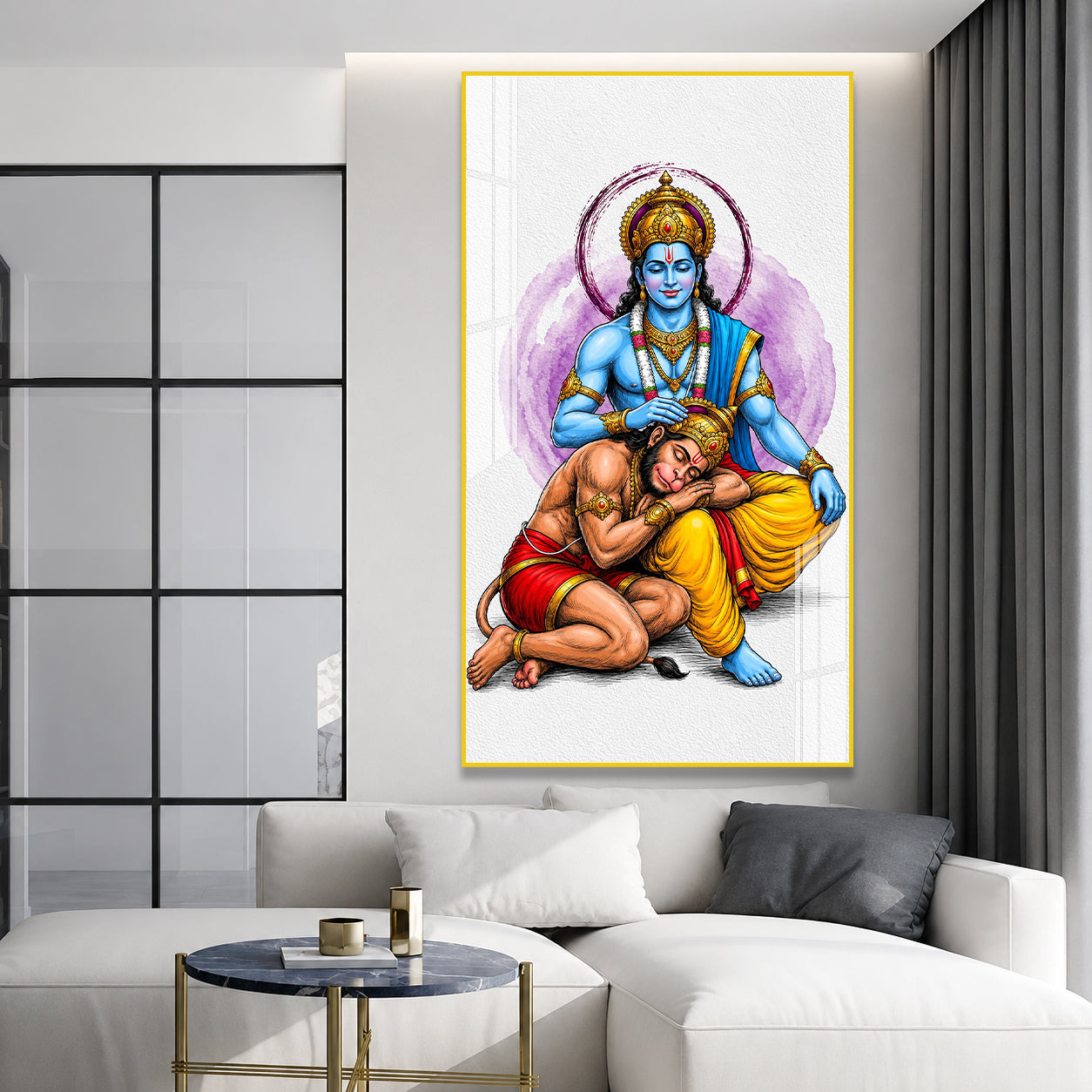 Divine Lord Rama Blessing Hanuman Acrylic Wall Painting for Home Temple and Spiritual Wall Decor