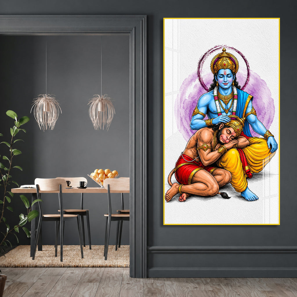 Divine Lord Rama Blessing Hanuman Acrylic Wall Painting for Home Temple and Spiritual Wall Decor