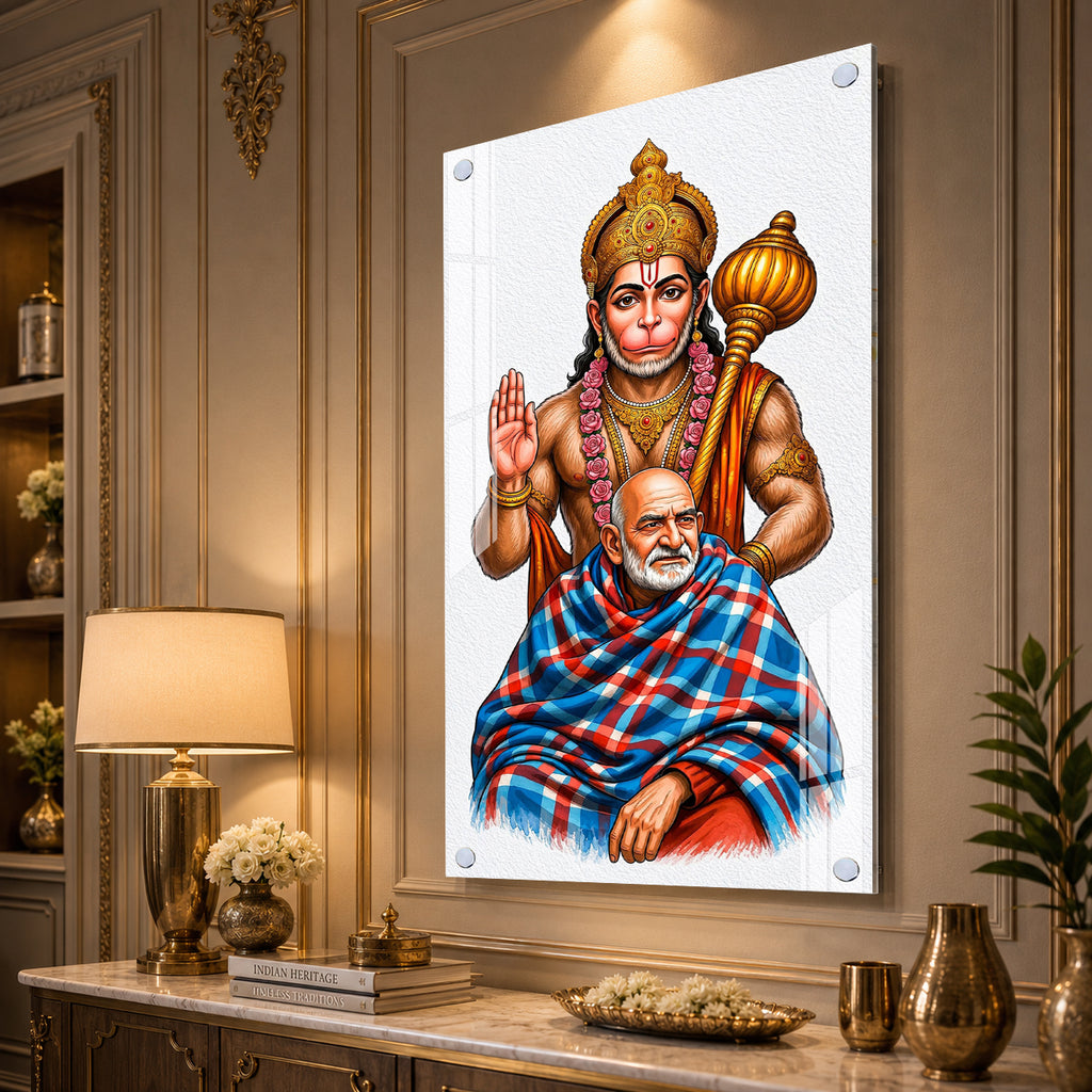 Divine Lord Hanuman Blessing Neem Kirolii Baba Acrylic Wall Painting for Home Temple Decor