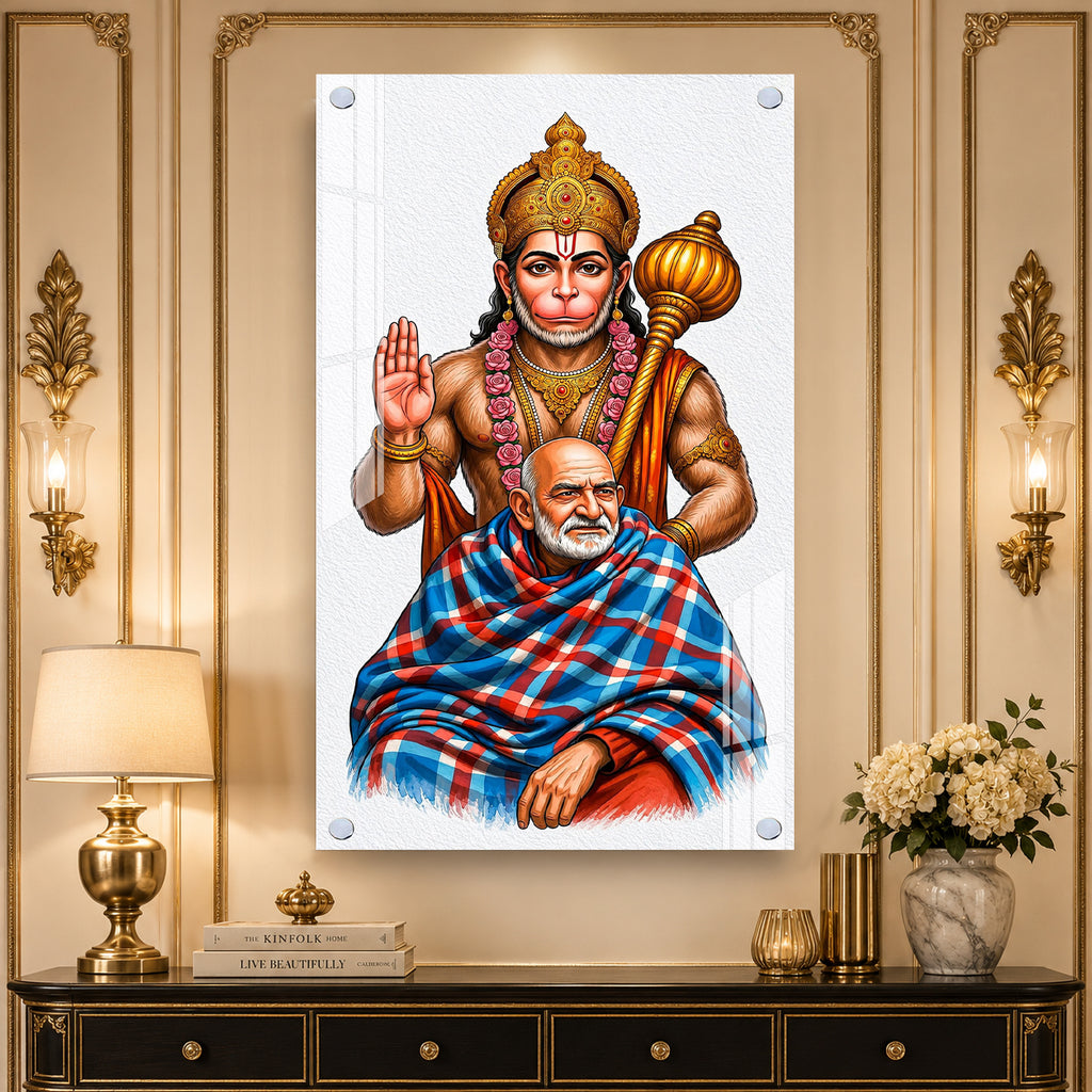Divine Lord Hanuman Blessing Neem Kirolii Baba Acrylic Wall Painting for Home Temple Decor