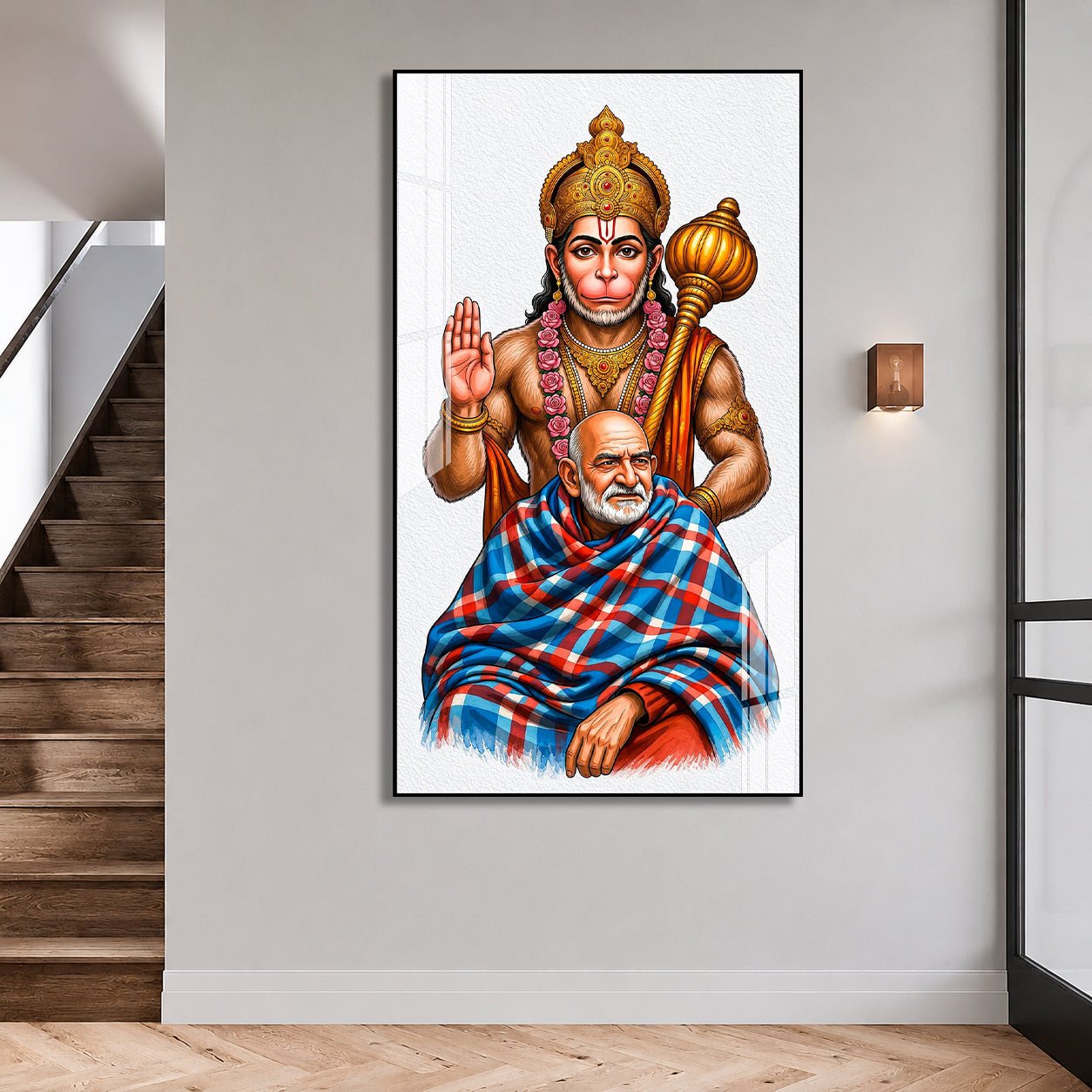 Divine Lord Hanuman Blessing Neem Kirolii Baba Acrylic Wall Painting for Home Temple Decor