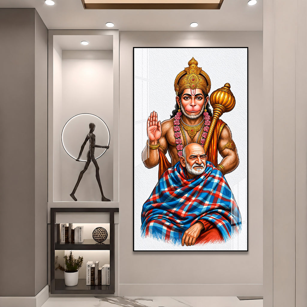 Divine Lord Hanuman Blessing Neem Kirolii Baba Acrylic Wall Painting for Home Temple Decor