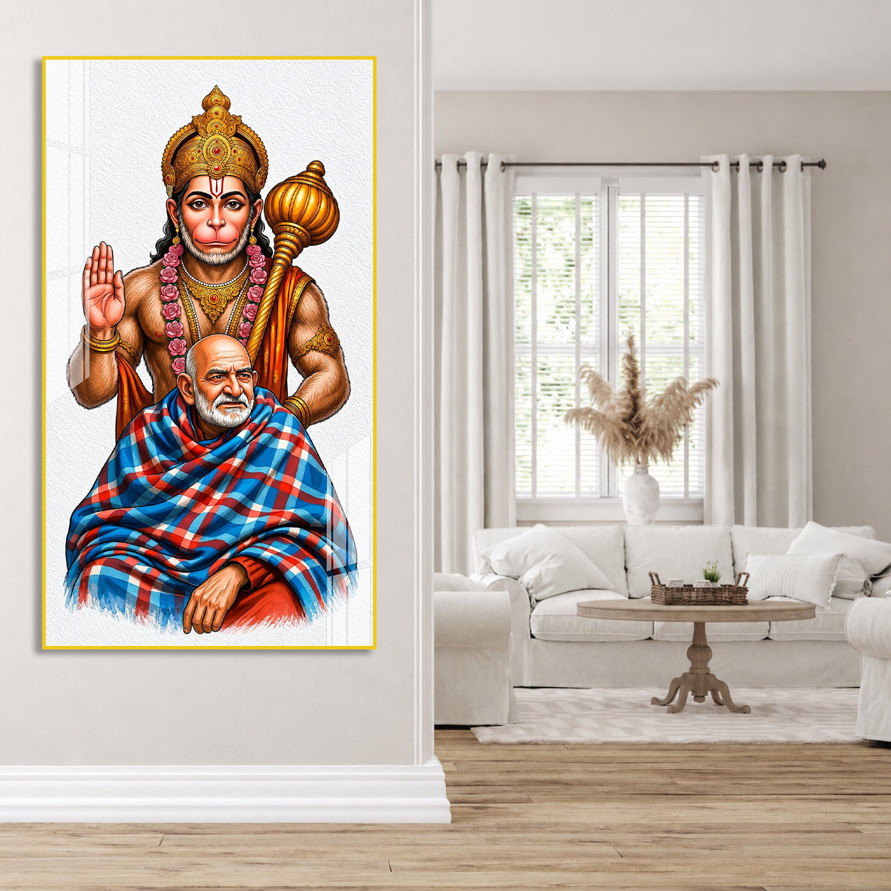 Divine Lord Hanuman Blessing Neem Kirolii Baba Acrylic Wall Painting for Home Temple Decor